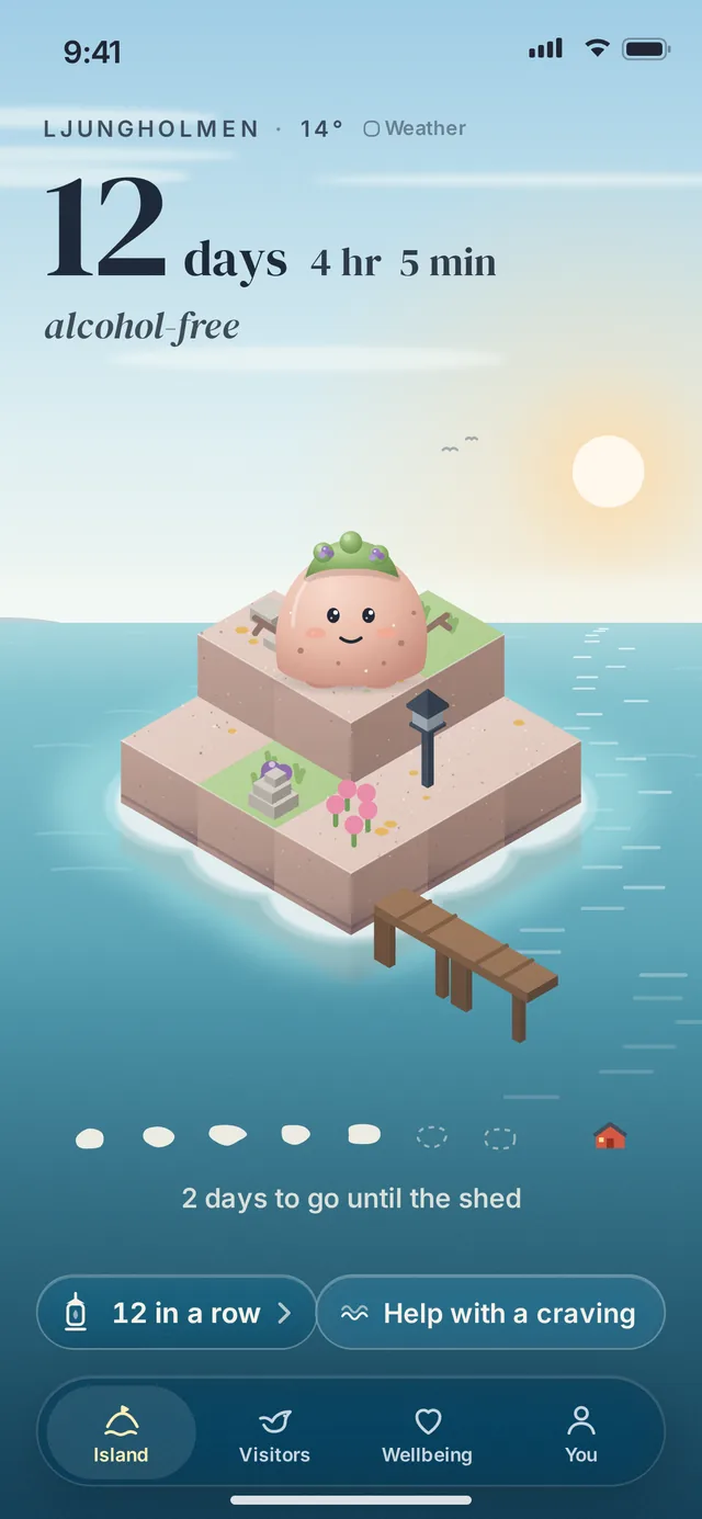 Kobbling's home screen in the middle of the day, with sun over the sea.